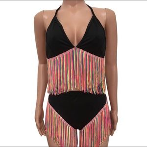 Black Sexy hi-waisted Black tassels swimsuit
